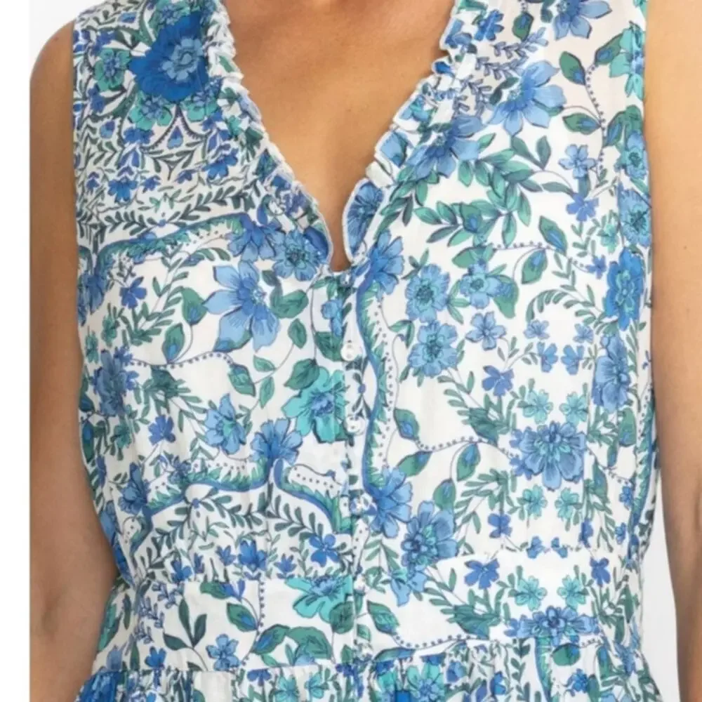 Johnny Was Willow Blue Floral Tank Midi Dress Size S Tiered Ruffle Pockets - Picture 6 of 8